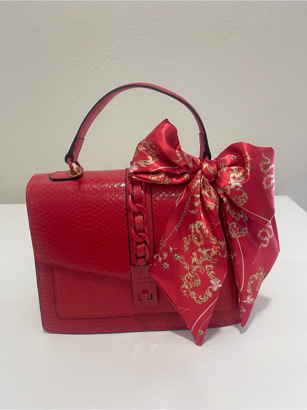 ALDO Red Structured Top-Handle Satchel with Silk Bow Accent